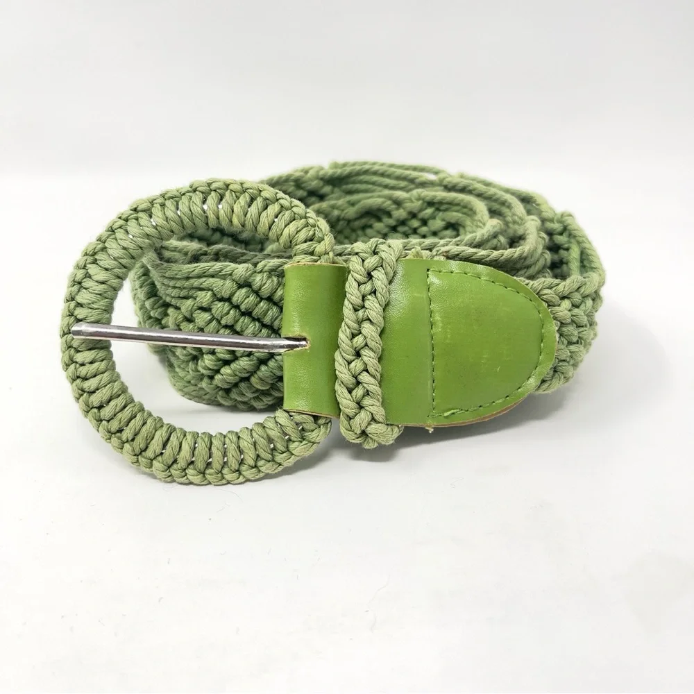 Vintage Green‎ Macrame Belt w/ Leather Trim, Boho Wide Woven Statement Belt